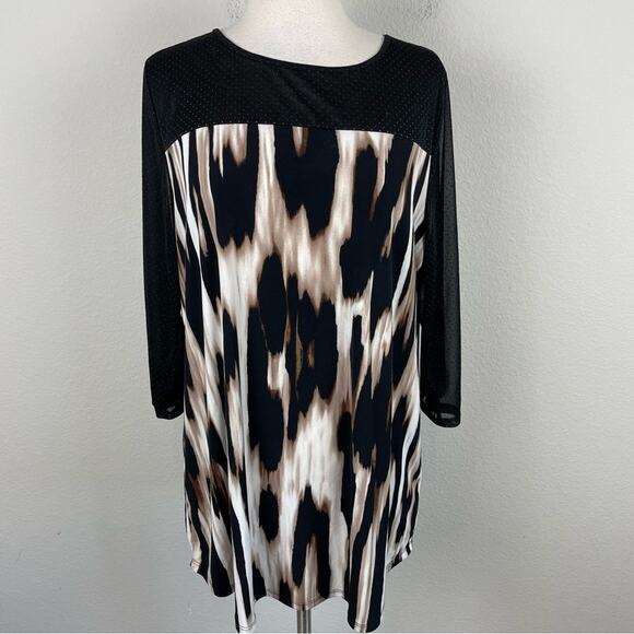 Chico's Travelers Brown Tan Black Animal Print Mixed Media Top 2 - Picture 2 of 8